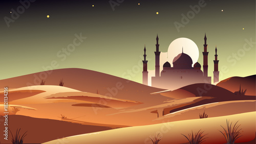 Desert landscape with mosque silhouette and stars