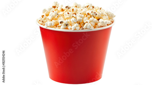 Red bucket filled with popcorn isolated on a transparent background