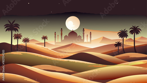 Desert landscape with mosque and palm trees at night