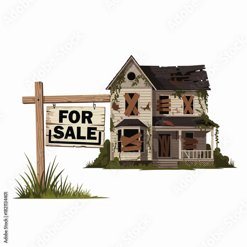 Dilapidated Abandoned House with For Sale Sign in Front Yard Showing Decay and Neglect