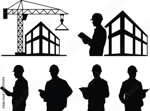 Construction Engineer and Building Site Silhouette Vector Set: Tower Crane, Architect with Clipboard, Hard Hat Worker Figures, Real Estate Development Graphic, Black Industry Icons.