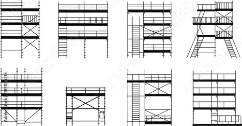 Construction Scaffolding Technical Drawing Vector Set: Building Site Safety Equipment, Temporary Structure Elements, Black and White Outline Illustration, Engineering Framework Collection, Industry.