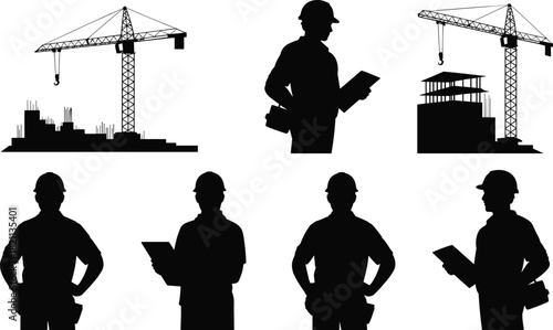 Construction Site and Engineer Silhouette Vector Set: Tower Crane, Architect with Plan, Building Development in Progress, Hard Hat Worker Figures, Black Industry Icons, Real Estate Graphic.
