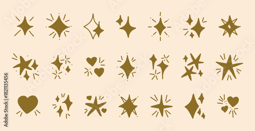 Brown hand drawn doodle stars hearts sparkles on beige background vintage hand drawn clipart children design playful icons flat illustration decorative minimal simple shapes vector elements set