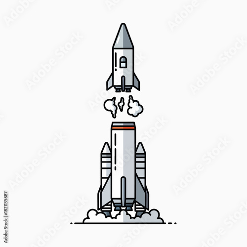 Illustration of a rocket launch with smoke billowing from its base as a smaller rocket ascends