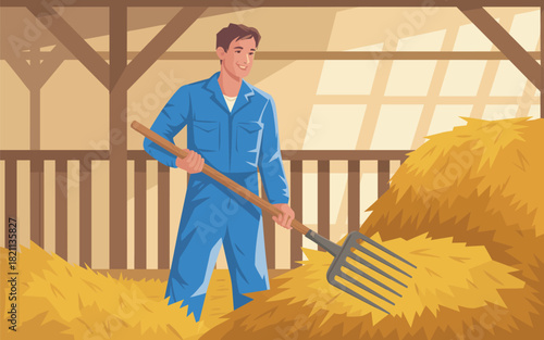 Farmer working in a barn with a pitchfork in hay illustration