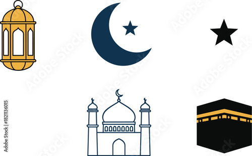 Islamic symbols including a lantern crescent moon star mosque and kaaba