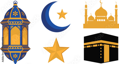 Islamic symbols including lantern crescent moon star mosque and kaaba