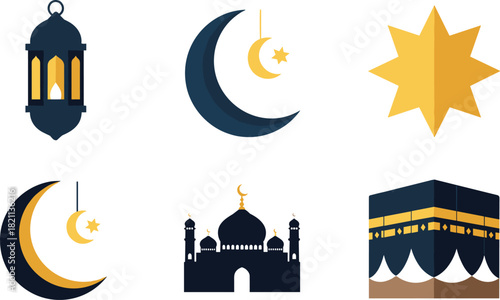 Islamic symbols ramadan eid celebration icons lantern crescent moon mosque kaaba star