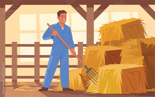 Farmer Working in a Barn with Hay Bales