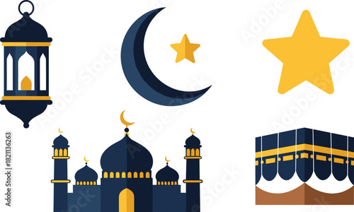 Islamic symbols including a mosque kaaba lantern crescent moon and star