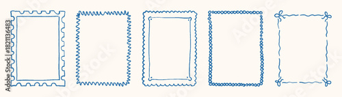 Hand drawn blue doodle stamp style frames set with wavy curly zigzag borders. Vintage whimsical sketch rectangular border collection for invitations postcards wedding greeting cards. Vector isolated
