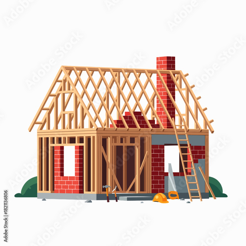 Building a New Home Construction Project in Progress Showing Wood Framing and Brick Exterior Walls