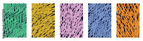 Groovy vector sketch lines hand drawn scribble pattern collection. Child doodle texture set. Colorful abstract ornament backgrounds. Jagged funky waves on dark transparent. Creative summer design.