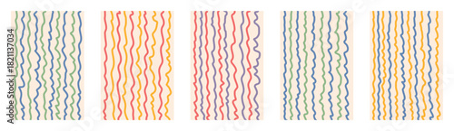 Colorful vibrant hand drawn deformed wavy line abstract vector pattern backgrounds. Childish squiggle stripes in retro funky sketch style. Transparent layout with creative uneven playful doodle design