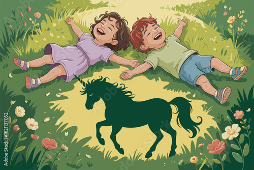 Children's Magical Daydream A Happy Childhood Encounter with a Unicorn in Nature