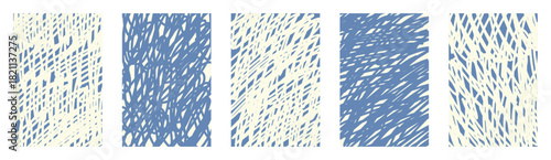 Vector scribble doodle childish line textures collection. Abstract blue crayon scrawl backgrounds. Hand drawn wavy chaotic twisted sketch stripe shapes. Funky messy playful kids patterns set