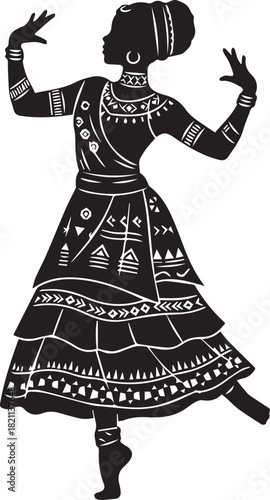 Silhouette of a woman in traditional indian dance costume performing a graceful pose