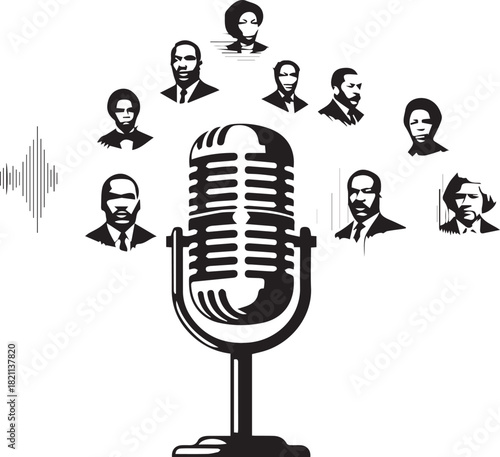 Vintage microphone with portraits of influential black figures