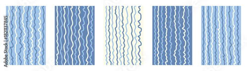 Vector childish doodle backgrounds set with uneven wavy hand drawn blue lines, vertical deformed liquid shapes, funky abstract organic stripes, irregular marine ripples, creative summer water waves