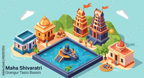 Isometric vector illustration of a traditional Indian Hindu temple complex with a sacred water basin for ceremonies