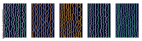 Vertical wavy stripe pattern backgrounds in vivid color combinations. Funky childish doodle style with uneven lines in orange yellow pink green blue on dark navy vector backgrounds. Playful summer