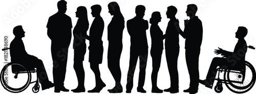 Inclusive Crowd Silhouette Vector Set: Diverse People Group, Men and Women, Persons in Wheelchairs, Disability Inclusion and Accessibility Concept, Black Graphic Collection, Equal Rights.