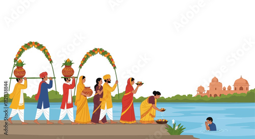 Vibrant Indian Cultural Procession Devotees Performing a Spiritual River Ritual Amidst Ancient Traditions and Sacred Offerings