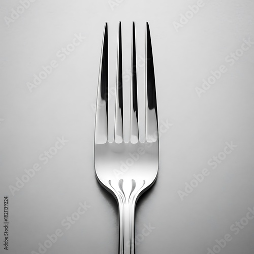 Close up black and white image of a silver fork