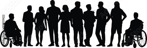 Multicultural and Inclusive People Group Silhouette Vector: Diverse Crowd Standing, Wheelchair Users, Men and Women Together, Disability Integration, Black Graphic Collection, Community.