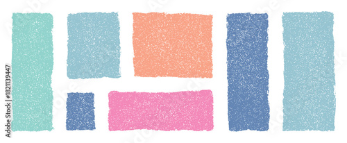 Pastel grunge rectangles and squares with rough hand drawn edges. Abstract chalk texture blocks, sketchy doodle text boxes, colorful artistic crayon design. Vector shapes for speech bubbles