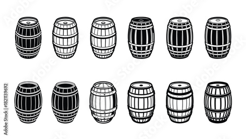 Collection of twelve barrel illustrations in various styles on a white background