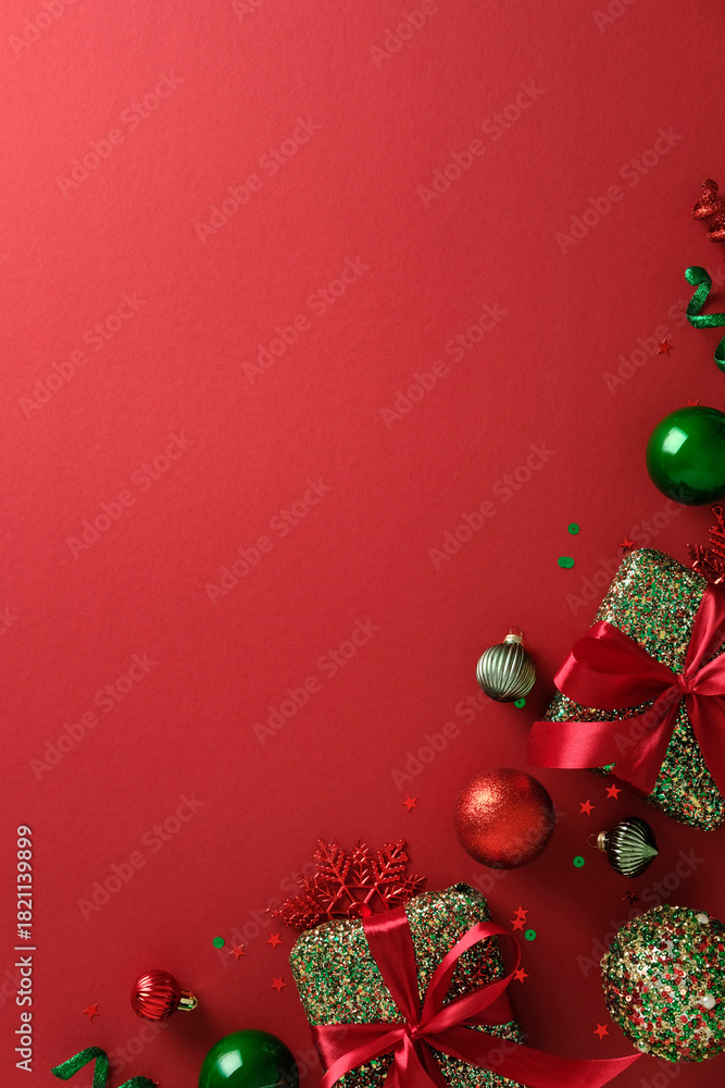 Naklejka premium Vertical Christmas background with red and green gifts and ornaments creating a corner border.