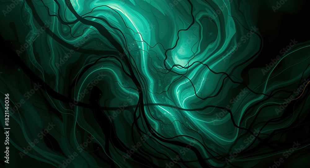 Fototapeta premium Abstract emerald dreams swirling with energy and light, a modern backdrop for creative projects and captivating designs with a fluid, organic feel