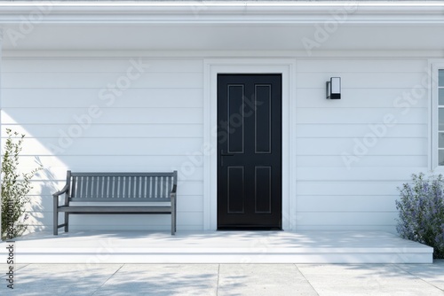 Modern farmhouse exterior features a dark entry door flanked by seating and landscaping