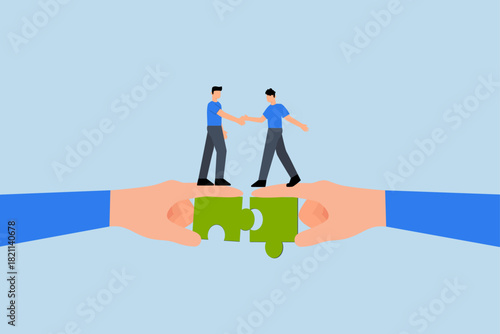 Partnership, businessman handshake connect jigsaw together.
