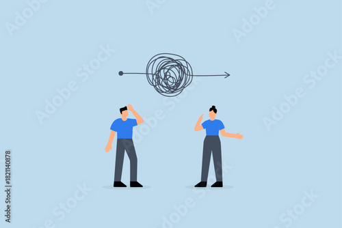 Complicated problem, business people thinking with chaos messy tangle knot.