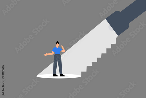 Career guidance to step up career path, flashlight staircase light beam to step up for businesswoman.