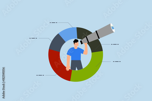 Marketing strategy, businessman on pie chart looking thorough binoculars.