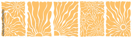 Groovy retro abstract sun backgrounds. Sun groovy vertical design elements set. Groovy sunburst. Matisse sun background. Various sun burst hippie posters hand drawn Waves, swirl, twirl, flower, rays