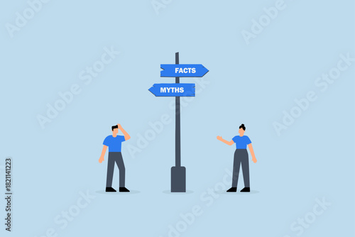 Fact vs Myth, business people at Facts vs Myths directional sign.