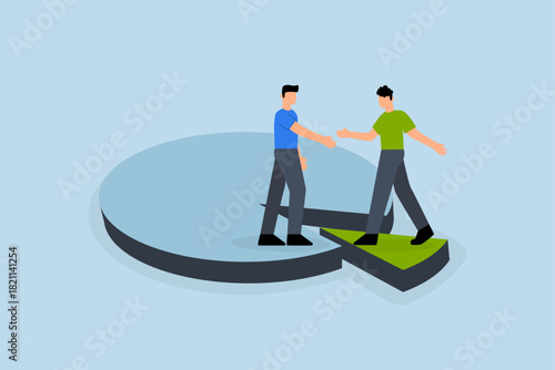 Shareholder, businessman handshaking on pie chart to share profit together.