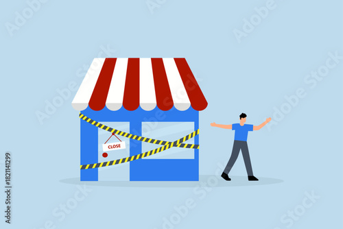 Close business, businessman walk away from closed company office.