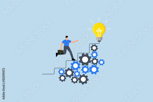 Best practices development, entrepreneur ascending stairs on a gear mechanism.