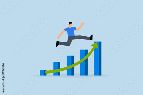 Leap forward, businessman leap forward jump over growth rising graph.