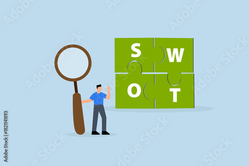 SWOT analysis, businessman magnify analyze SWOT business jigsaw.