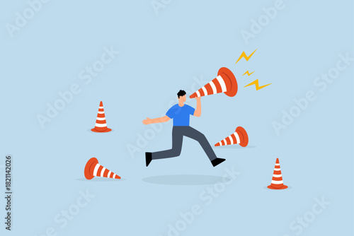 Communicate urgent message, businessman shouting loud voice message on big safety pylon.