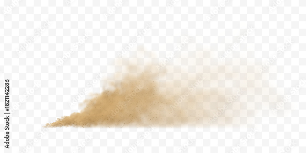 Obraz premium Flying dust cloud from car on transparent background. Sandy particles create realistic dirt explosion effect with brown powder dispersing through air.
