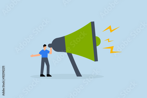 Amplify megaphone, businessman shouting on big amplifier megaphone.