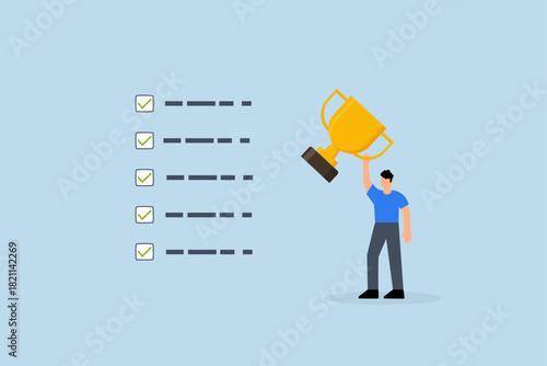 Habits to success, success businessman holding winner trophy with habit checklist.